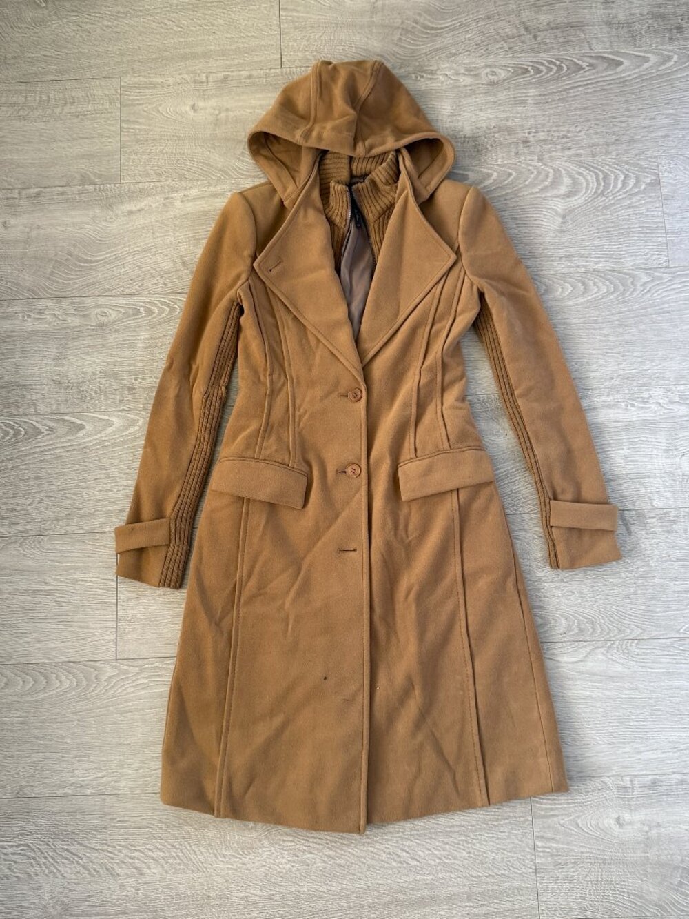 BCBGMAXAZRIA Camel Hooded Long Coat XS